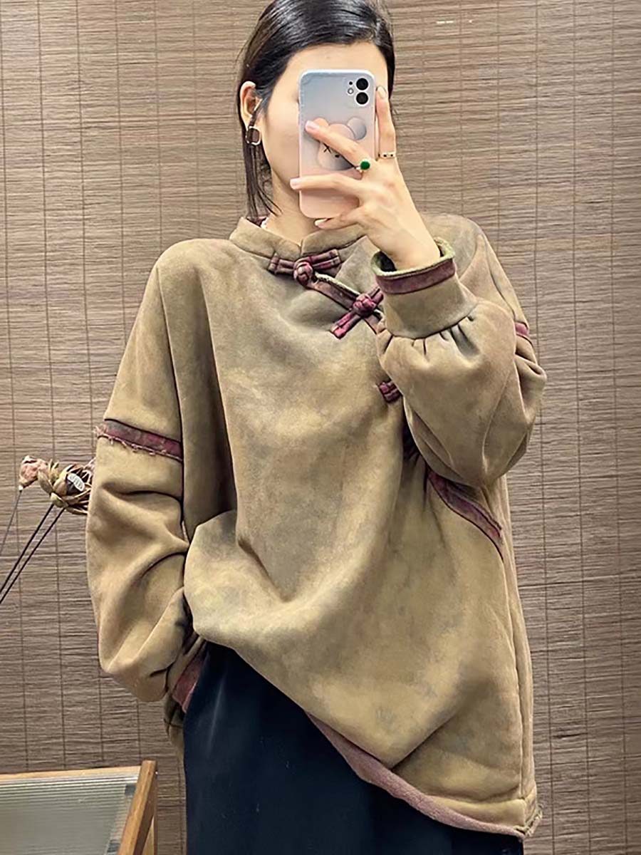 Women Vintage Chinese Button Worn Solid Thick Sweatshirt