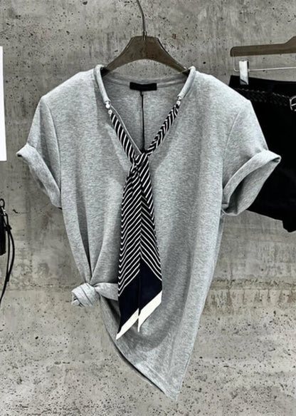 Women Grey Necktie Solid Cotton T Shirts Summer
