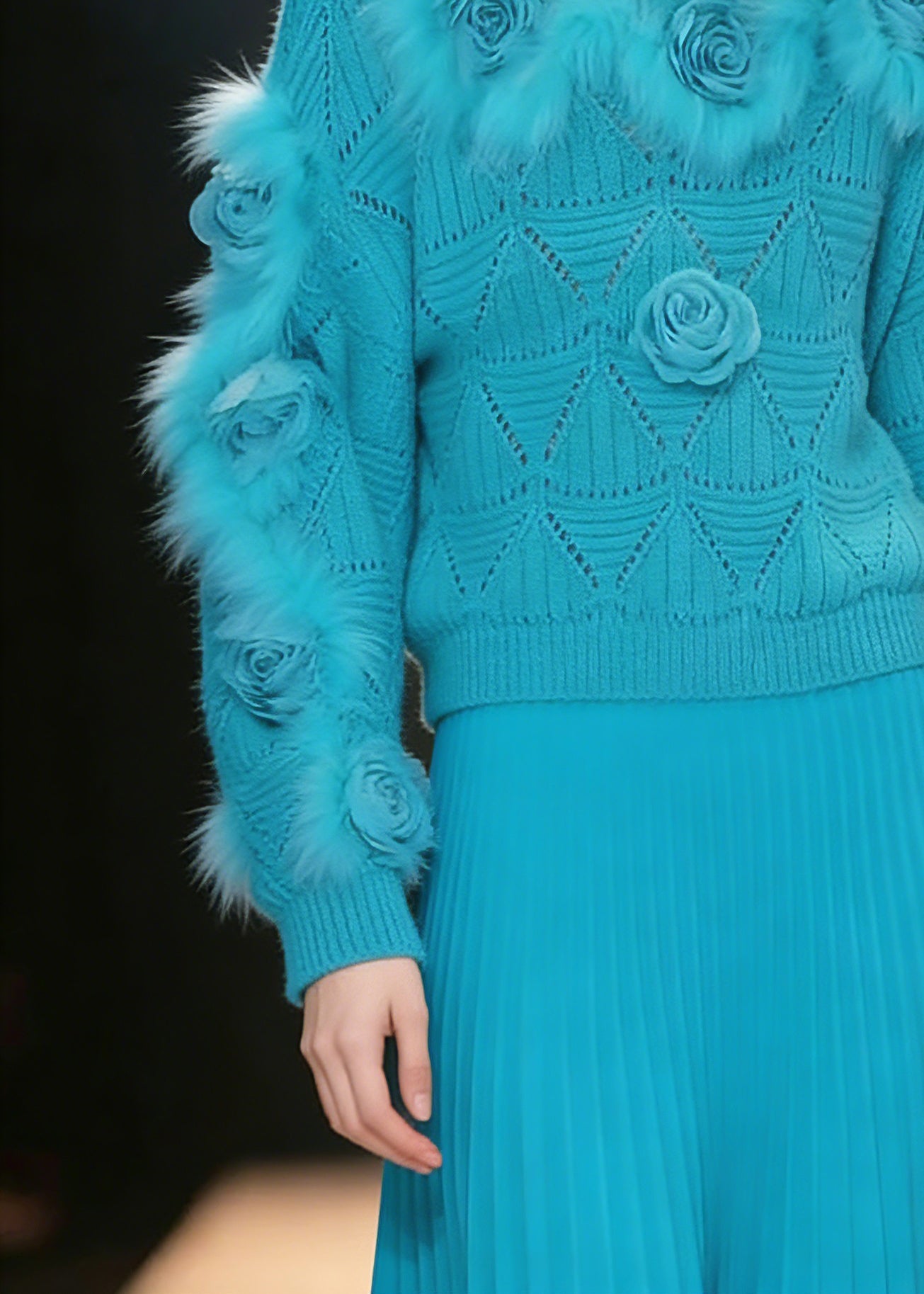 Classy Blue Fuzzy Fur Fluffy Floral Cotton Knit Sweaters Spring