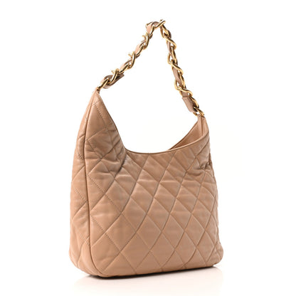 Lambskin Quilted Large CC Funky Town Hobo Beige