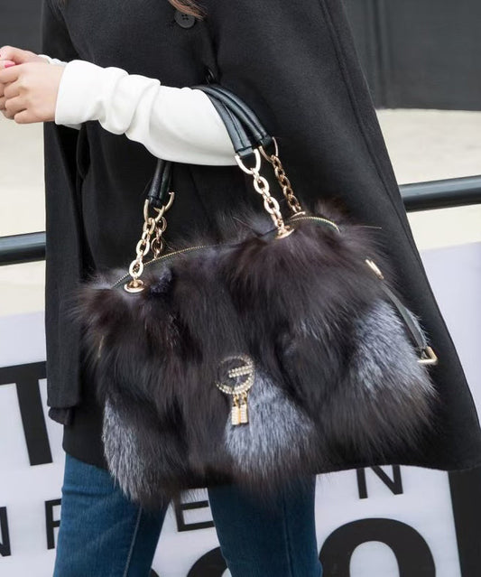 Handmade Boutique Grey Fox Fur Satchel Handbag
