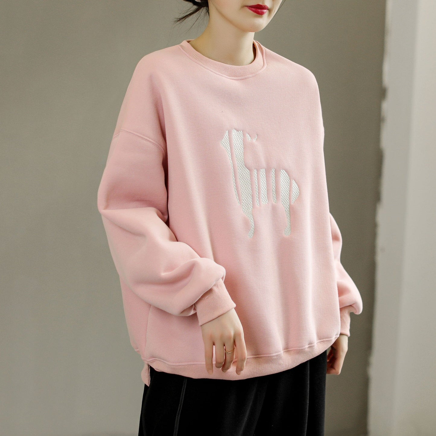Winter Cotton Furred Fashion Embroidery Loose Sweater