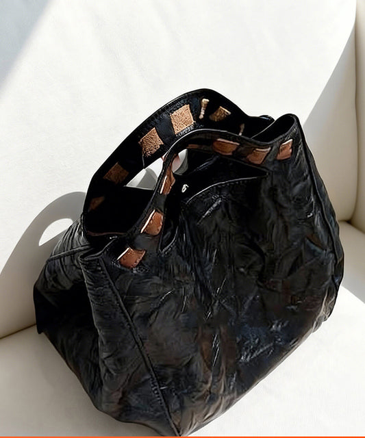 Fine Black Wrinkled Large Capacity Leather Tote Handbag