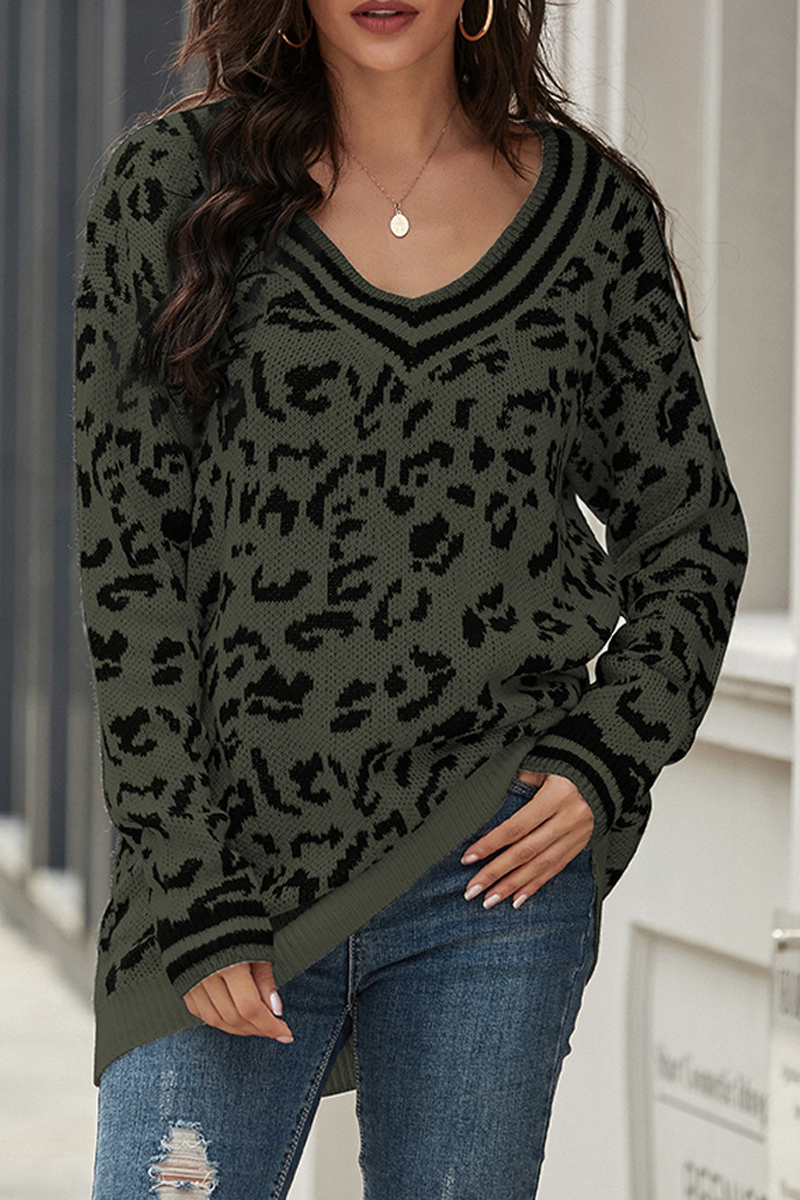 Leopard Print V-Neck Casual Sweater