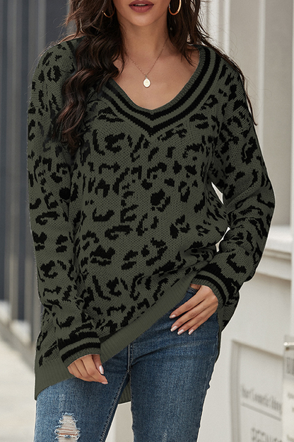 Leopard Print V-Neck Casual Sweater
