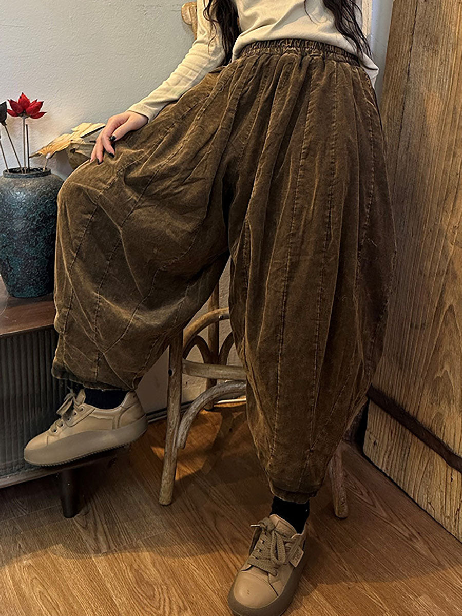 Winter Women Worn Corduroy Elastic Waist Solid Harm Pants