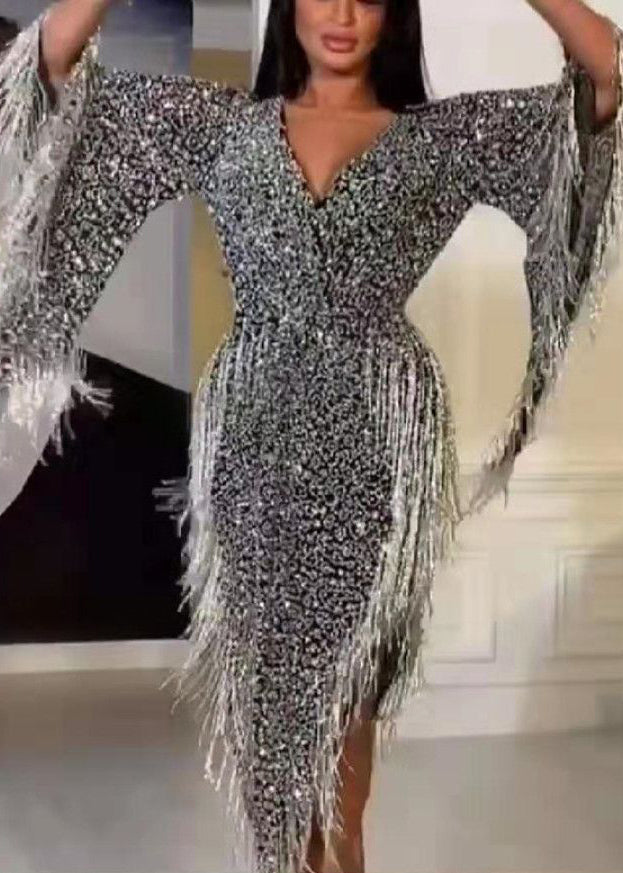 Handmade Silver Asymmetrical Tasseled Sequins Party Dress Batwing Sleeve