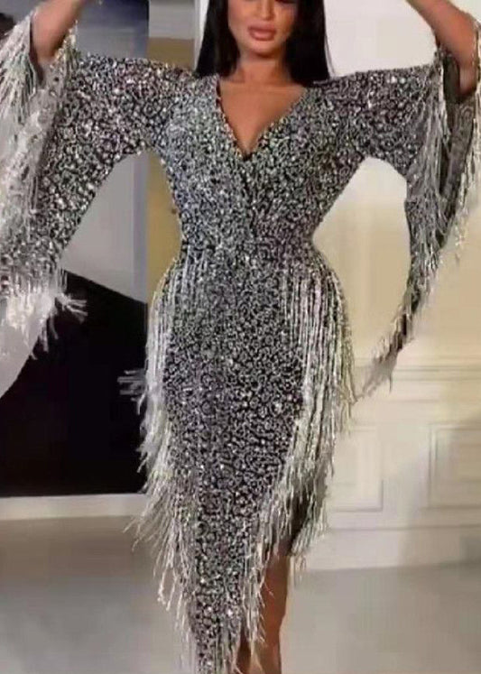 Handmade Silver Asymmetrical Tasseled Sequins Party Dress Batwing Sleeve