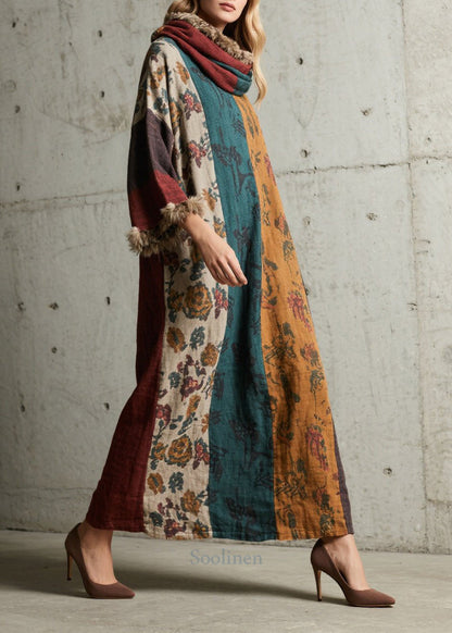Boutique Colorblock Print Fuzzy Fur Patchwork Cotton Dress Fall