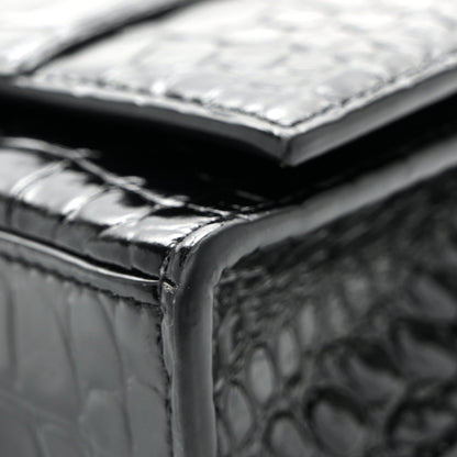 Shiny Calfskin Monochrome Crocodile Embossed Hourglass Chain Bag Black