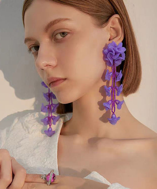Handmade Pink Tulle Floral Long Stud Earrings