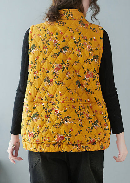 Women Yellow Chinese Button Print Pockets Cotton Filled Waistcoat Spring