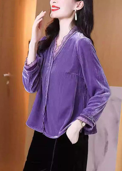 Vintage Purple Tulle Patchwork Side Open Silk Velour Shirt Fall