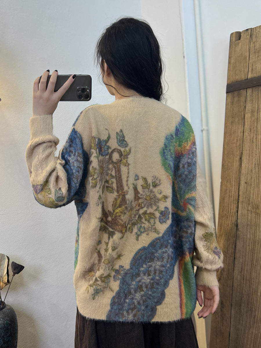 Autumn Women Floral Loose Sweater