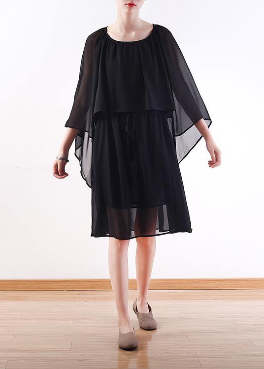Bohemian black chiffon Long Shirts Indian Shirts tie waist long summer Dresses