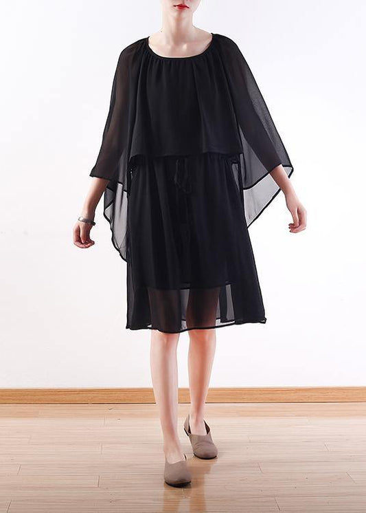 Bohemian black chiffon Long Shirts Indian Shirts tie waist long summer Dresses