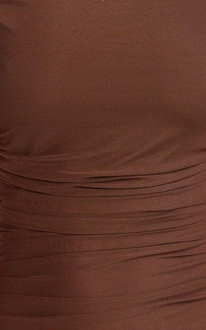 Judee Midi Dress - One Shoulder High Side Split Dress in Chocolate