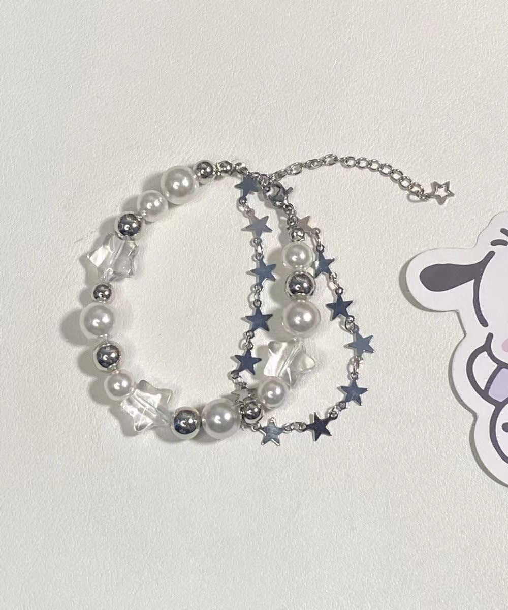 Beautiful White Stainless Steel Star Double-Layer Pearl Charm Bracelet