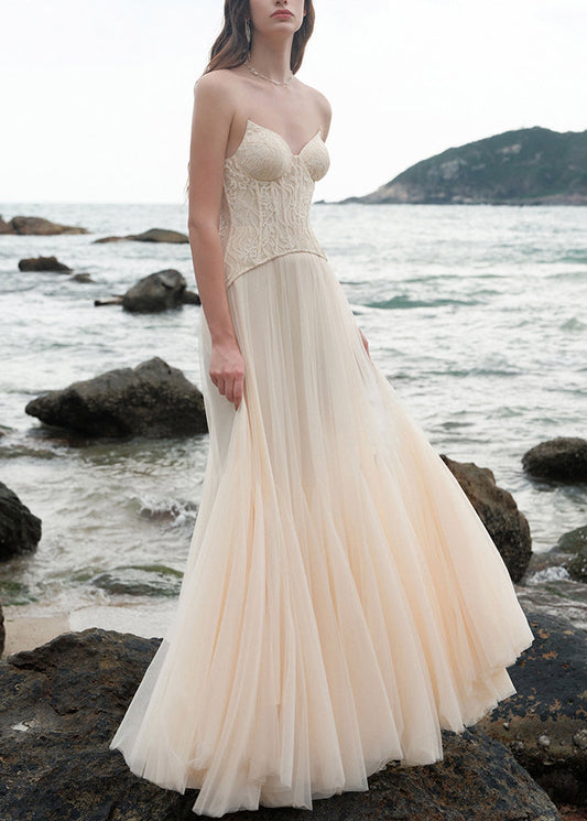 Chic Beige Cold Shoulder Lace Patchwork Tulle Party Dress Sleeveless