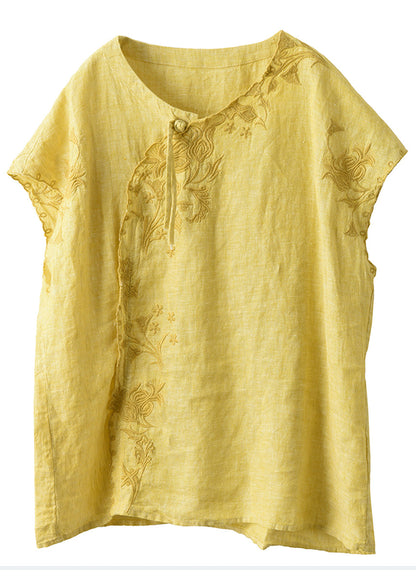 Chic Yellow Embroideried Chinese Button Linen Tanks Summer