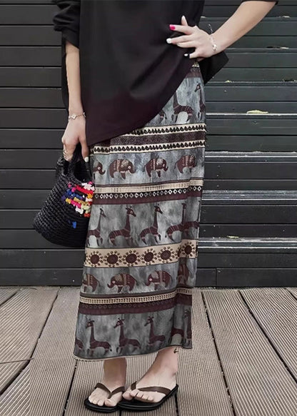 Vintage Print Side Open Elastic Waist Cotton Skirt Summer