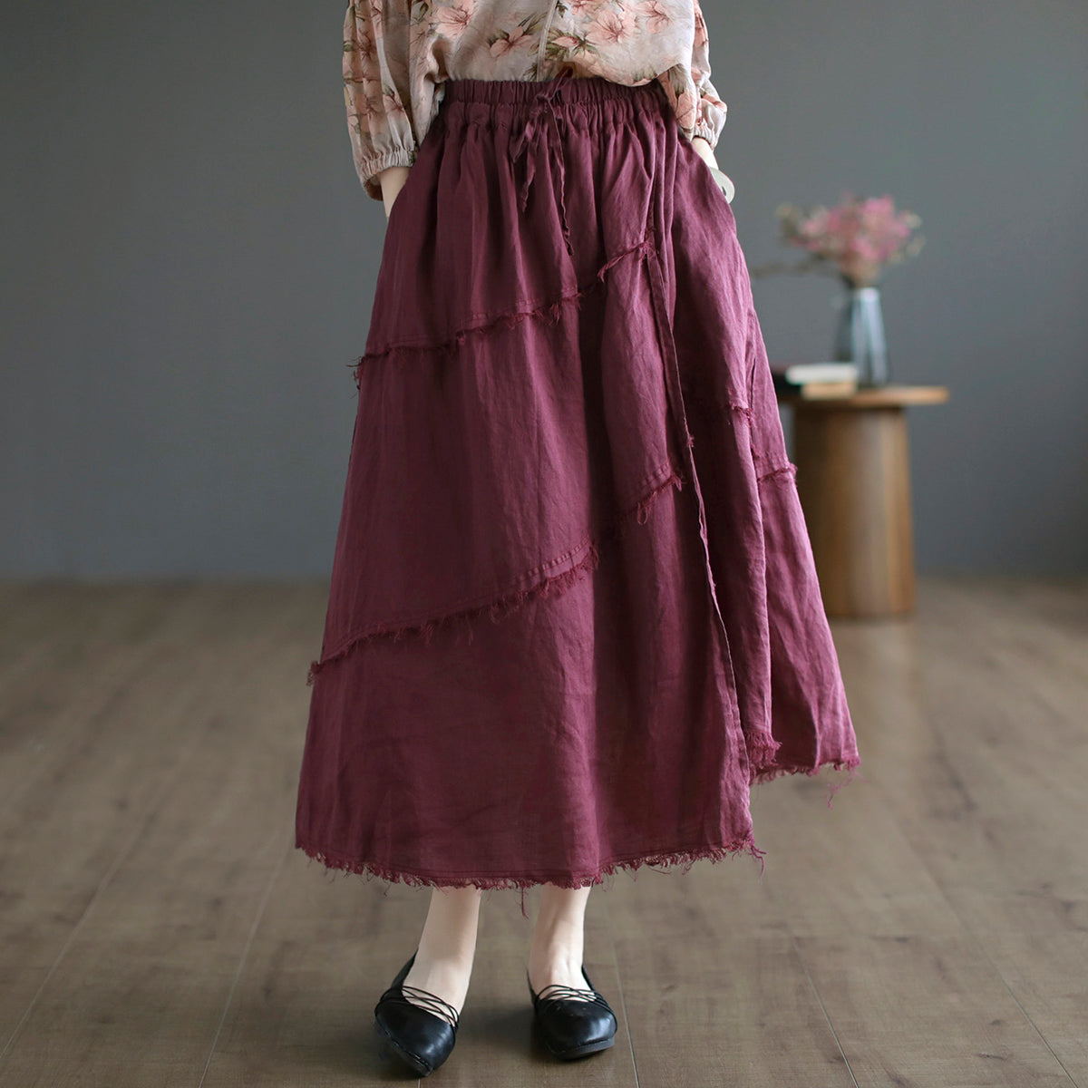 Cozy Autumn Casual Trim Linen A-Line Skirt