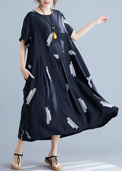 Bohemian black prints cotton linen Robes loose waist Plus Size Clothing summer Dresses