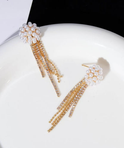 Fashion Gold Copper Alloy Zircon Pearl Tassel Drop Earrings
