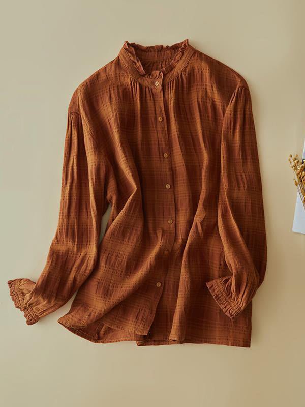 100% Linen Stand Collar Loose Solid Shirt In One-Size