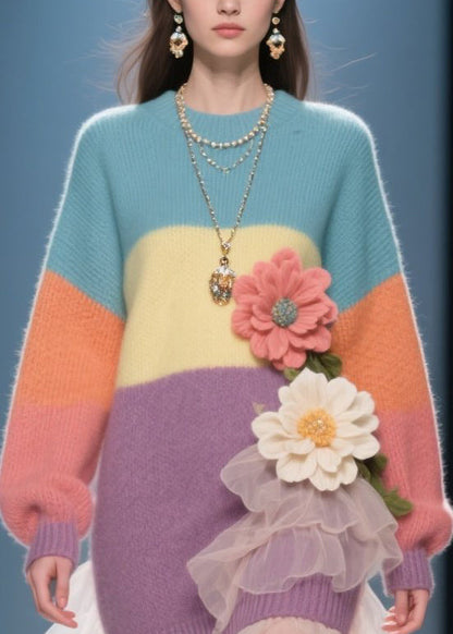 French Colorblock O Neck Floral Tulle Knit Sweater Dress Winter
