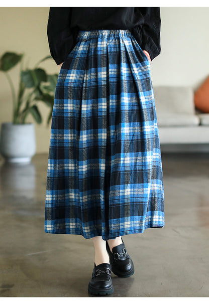 Vintage Cotton and Linen Check Elastic High Waist Plus Size A-Line Skirt