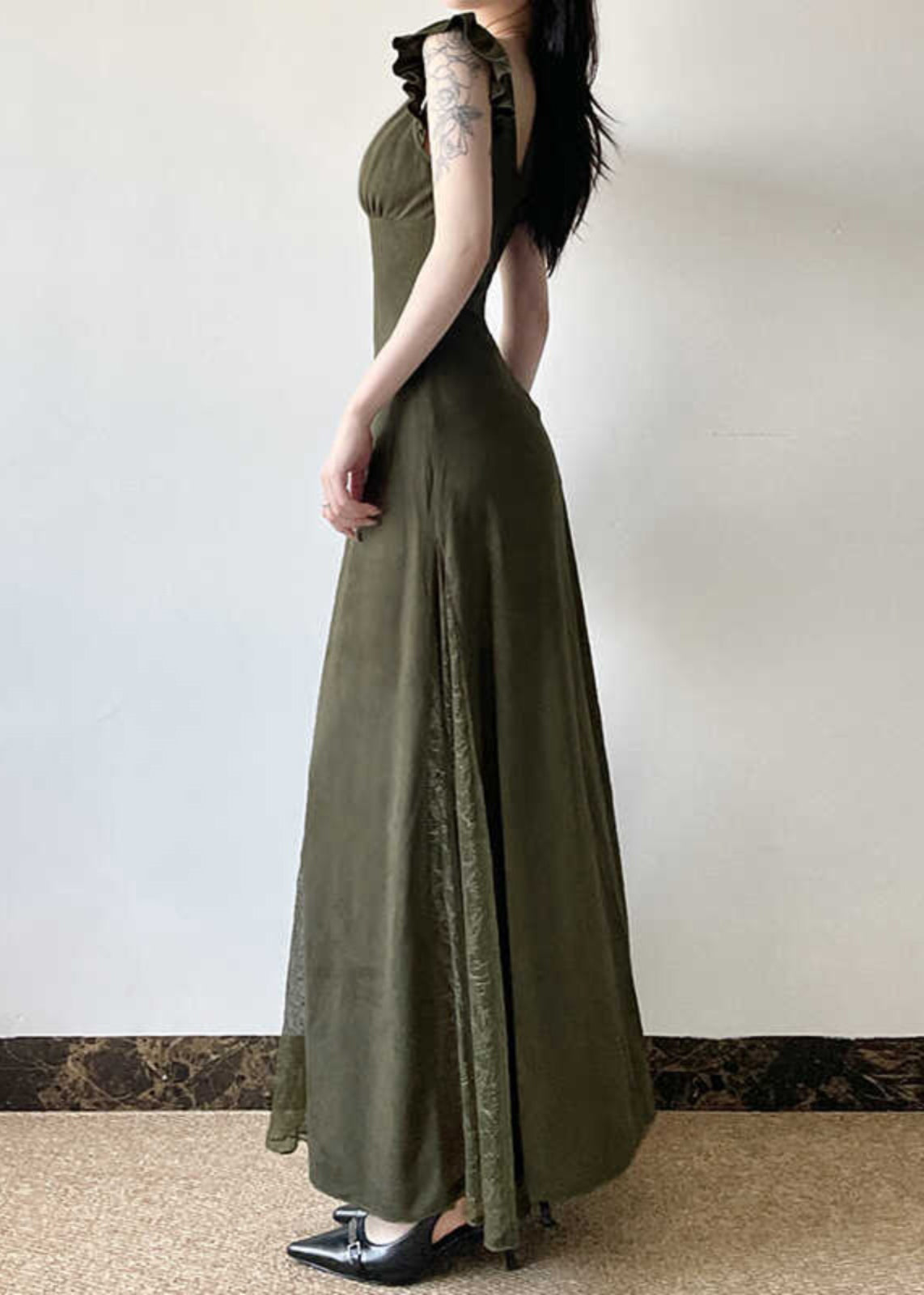 Silm Fit Army Green Exra Large Hem Patchwork Lace Long Dresses Summer