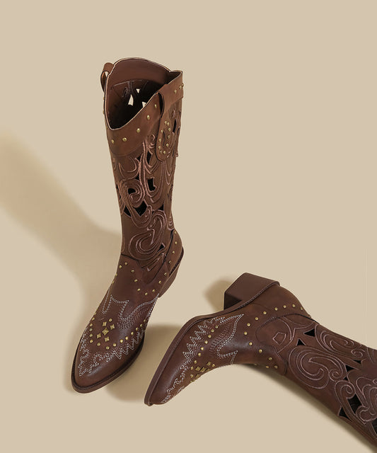 Stylish Hollow Out Rivet Splicing Chunky Boots Brown Faux Leather