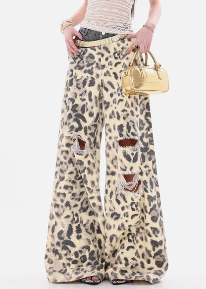 Unique Leopard Hole Patchwork Denim Wide Leg Pants Summer