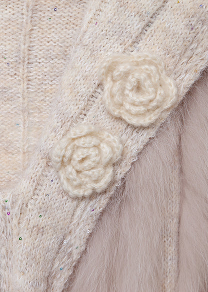 Oatmeal Floral Patchwork Knit Winter Sweaters Fox Fur