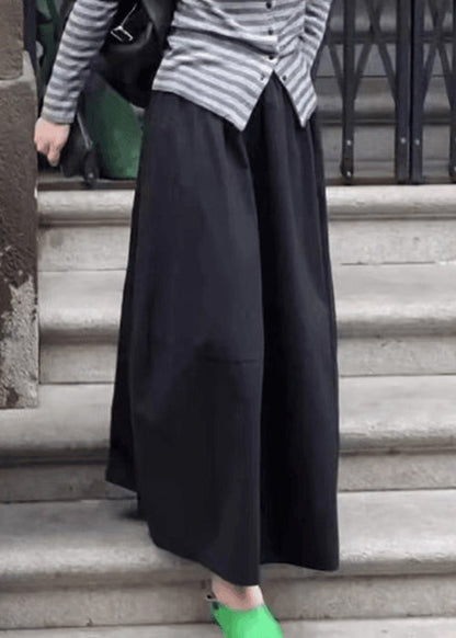 Art Black Pockets Elastic Waist Solid Cotton Skirt Fall