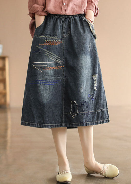 Dark Blue Elastic Waist Embroideried Cotton Denim Ripped Skirts Cozy