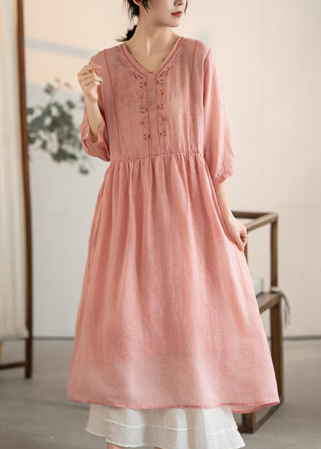 Vintage Pink V Neck Patchwork Linen Dresses Summer