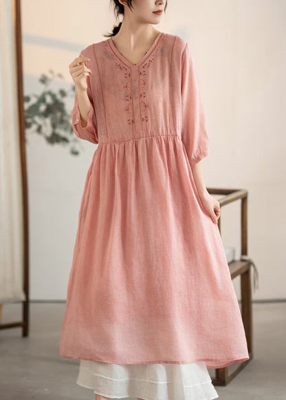 Vintage Pink V Neck Patchwork Linen Dresses Summer