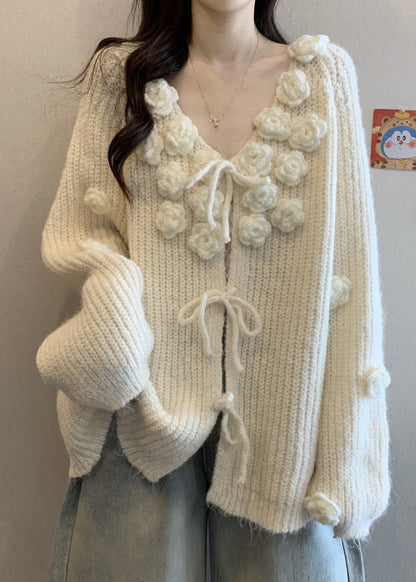 Original Design Apricot Floral Solid Cotton Knit Cardigan
