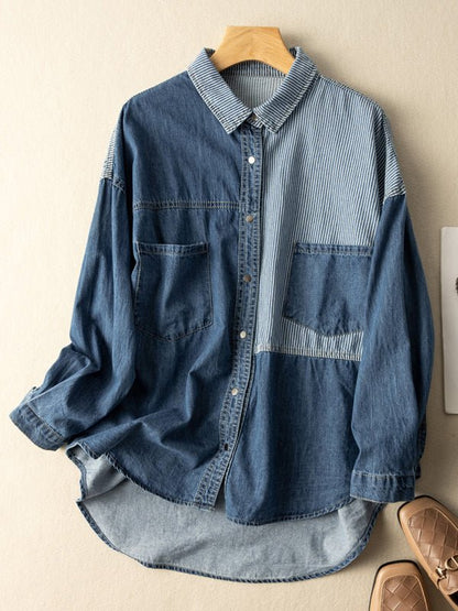 Classic Color-Block Long Sleeve Loose All-Match Shirt