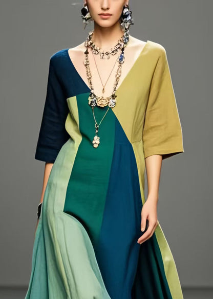 Plus Size Multicolour V Neck Exra Large Hem Cotton Long Dress Summer