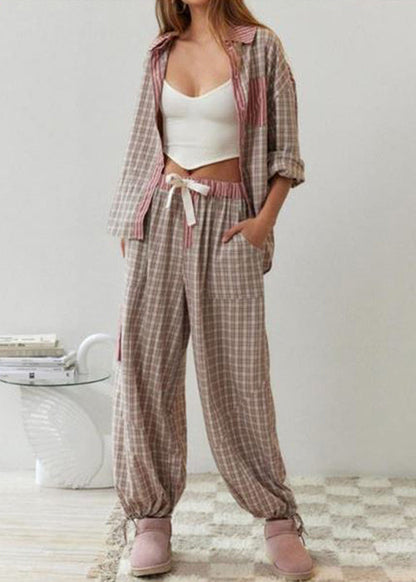 Casual Coffee Plaid Patchwork Cotton Pajamas Two Piece Suit Set Spring