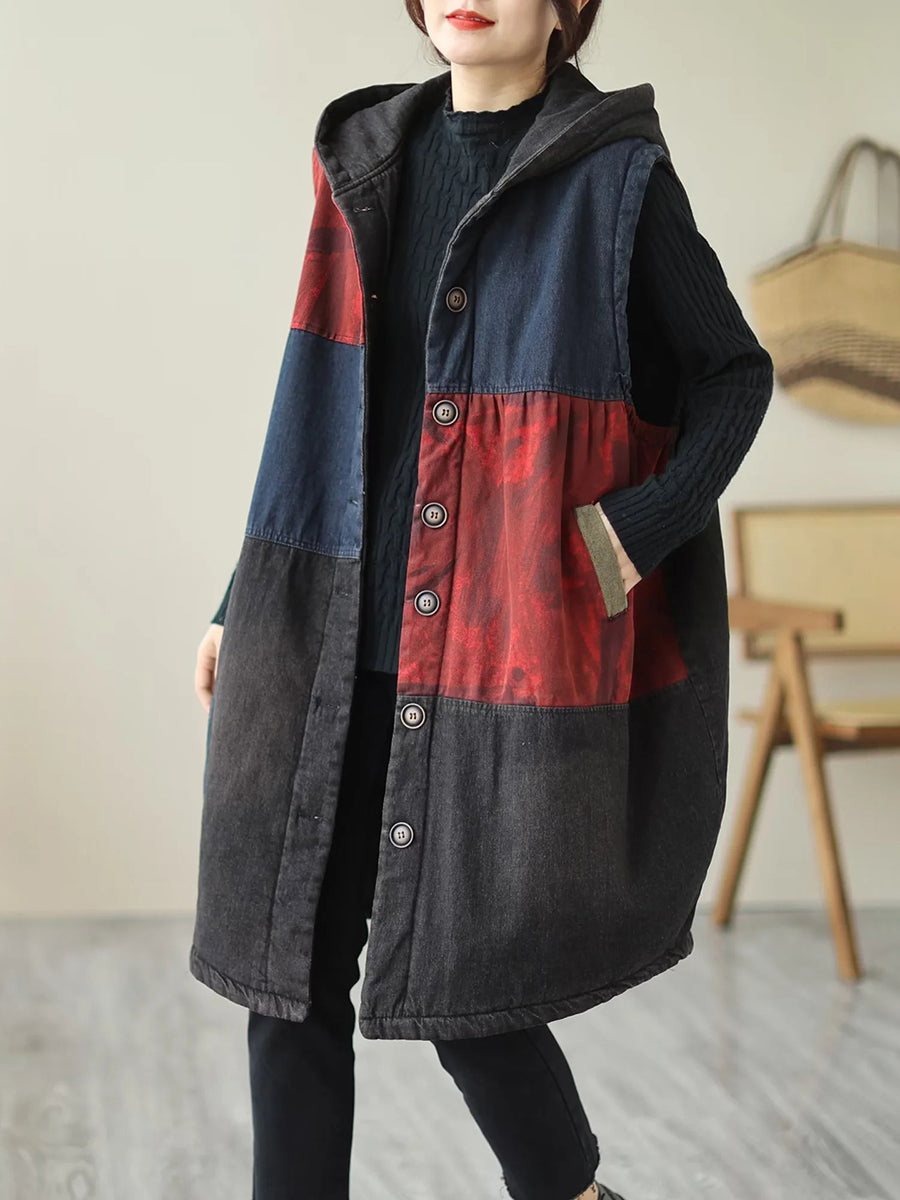 Women Winter Casual  Colorblock Hooded Mid Length Waist Coat