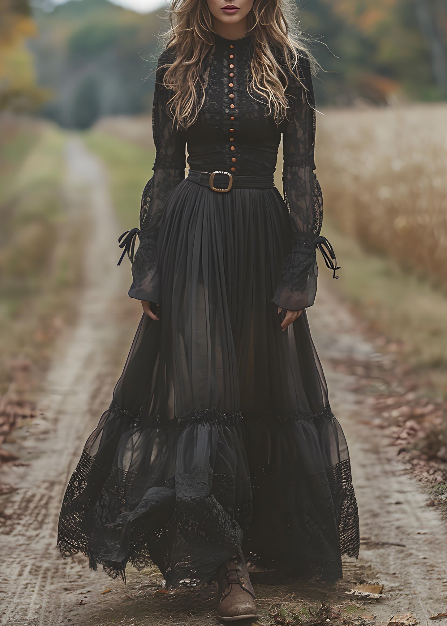 Bohemian Black Lace Patchwork Wrinkled Cotton Maxi Dresses Spring