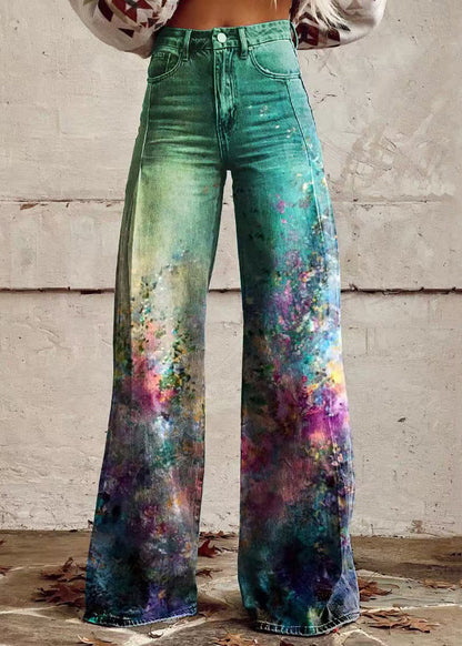Chic Rose Print Pockets High Waist Denim Pants Spring
