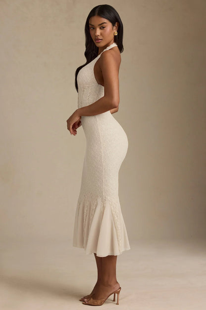 Halterneck Corset Lace Midaxi Dress In Ivory