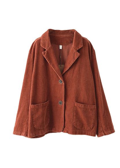 Chic Caramel button pockets V Neck Corduroy coats