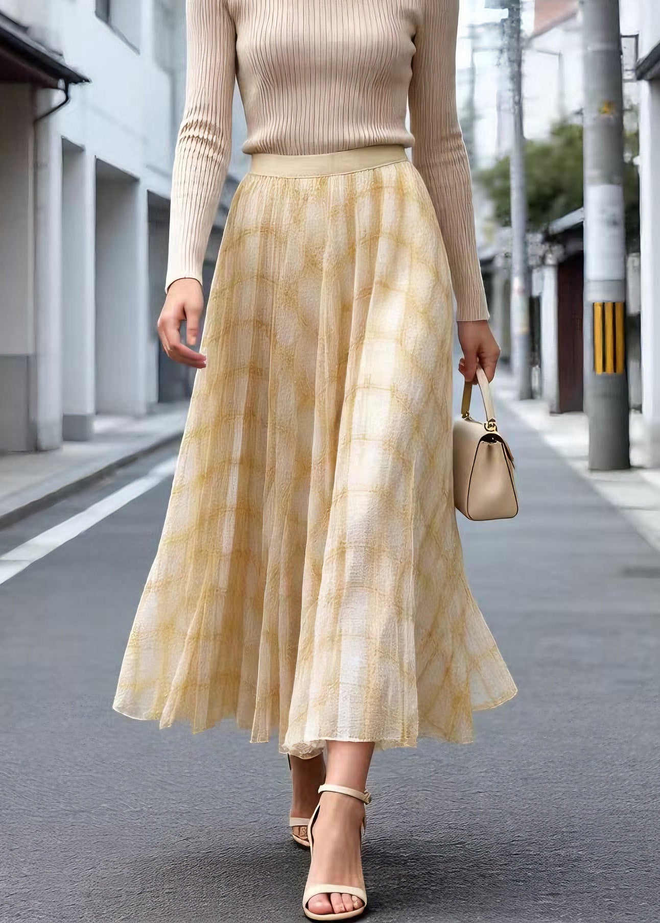 Elegant Yellow Plaid Wrinkled Tulle Skirt Summer