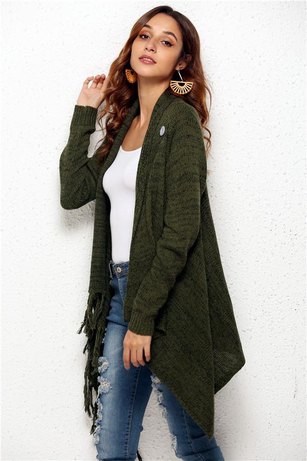 Tassel Asymmetrical Hem Shawl Speckled Fringe Cardigan - Khaki